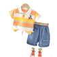 Boys' Polo Collar Stripes Short-sleeved Shorts Suit
