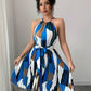 Printed Halterneck Off-Shoulder Lace-Up Waist Beach Pleated Skirt