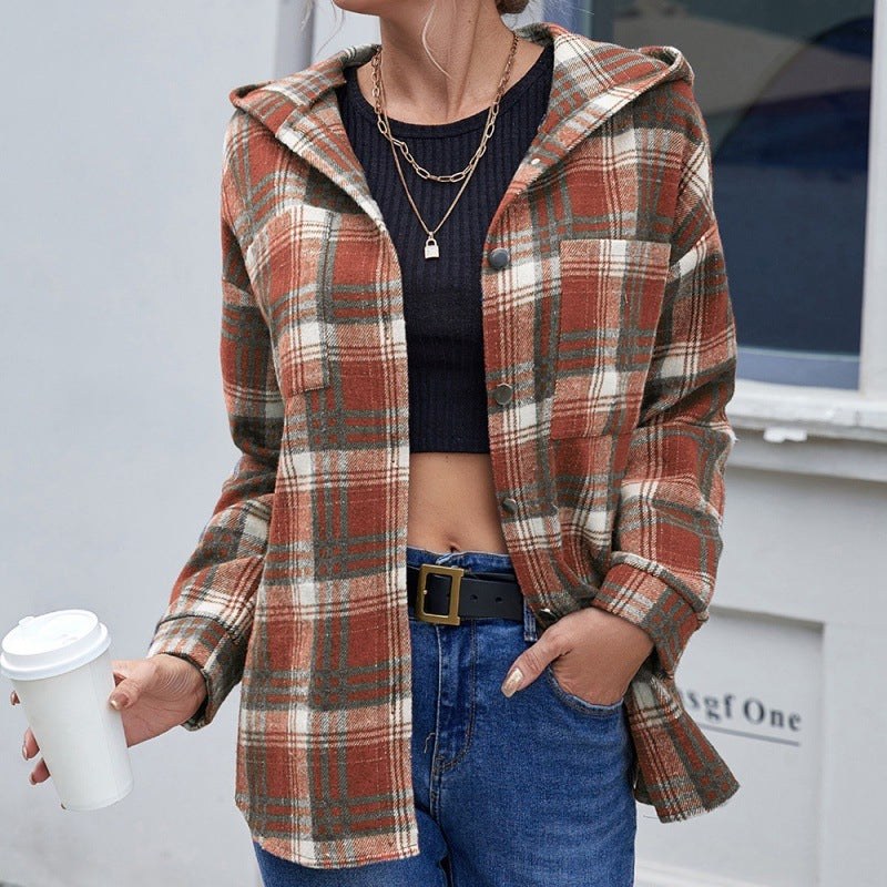 Loose Casual Long Sleeve Single Breasted Check Hooded Jacket