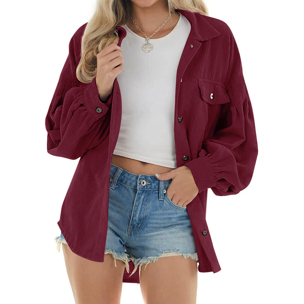 Casual Loose Lantern Sleeve Corduroy Shirt