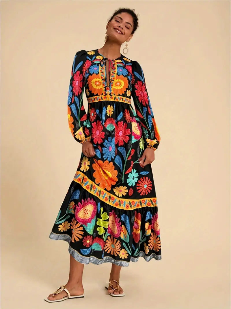 Printed Flared Skirt Long Sleeve Lace Up Casual Dress