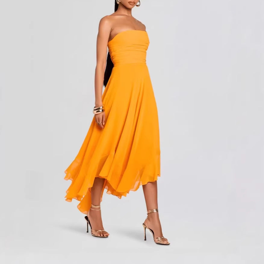 Ruched, Slim-fit, Chic, Asymmetric Maxi Dress