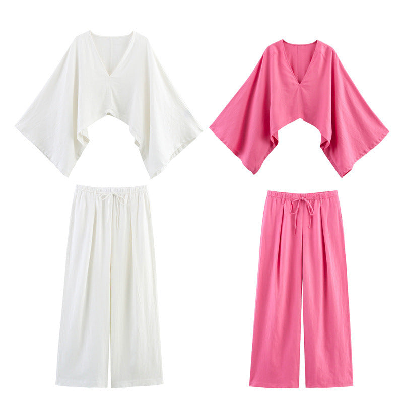 Asymmetric Linen Top Wide Leg Pants Two-piece Suit