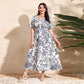 French-style Elegant Plus-size White Ink-wash Floral V-neck Short-sleeve Waist-cinched Maxi Dress