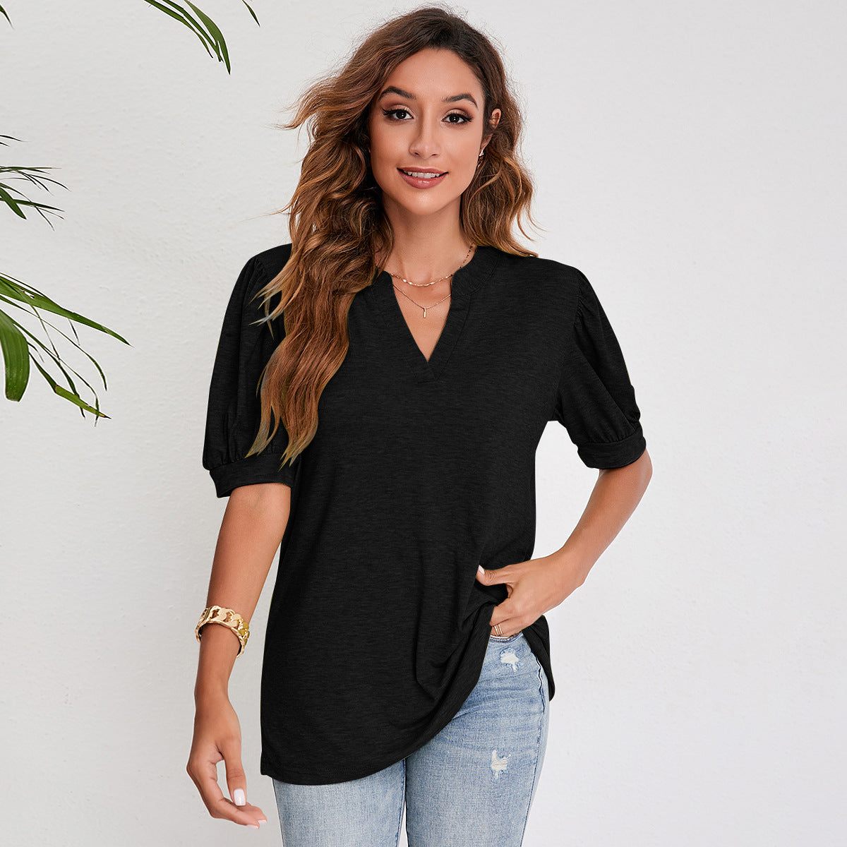 Women's Top Casual V-Neck Solid Color Puff Sleeves