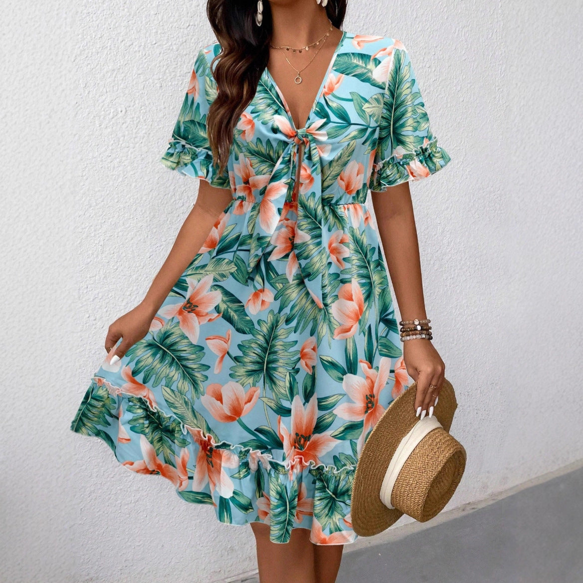 V-neck Floral Print Fashion Dress