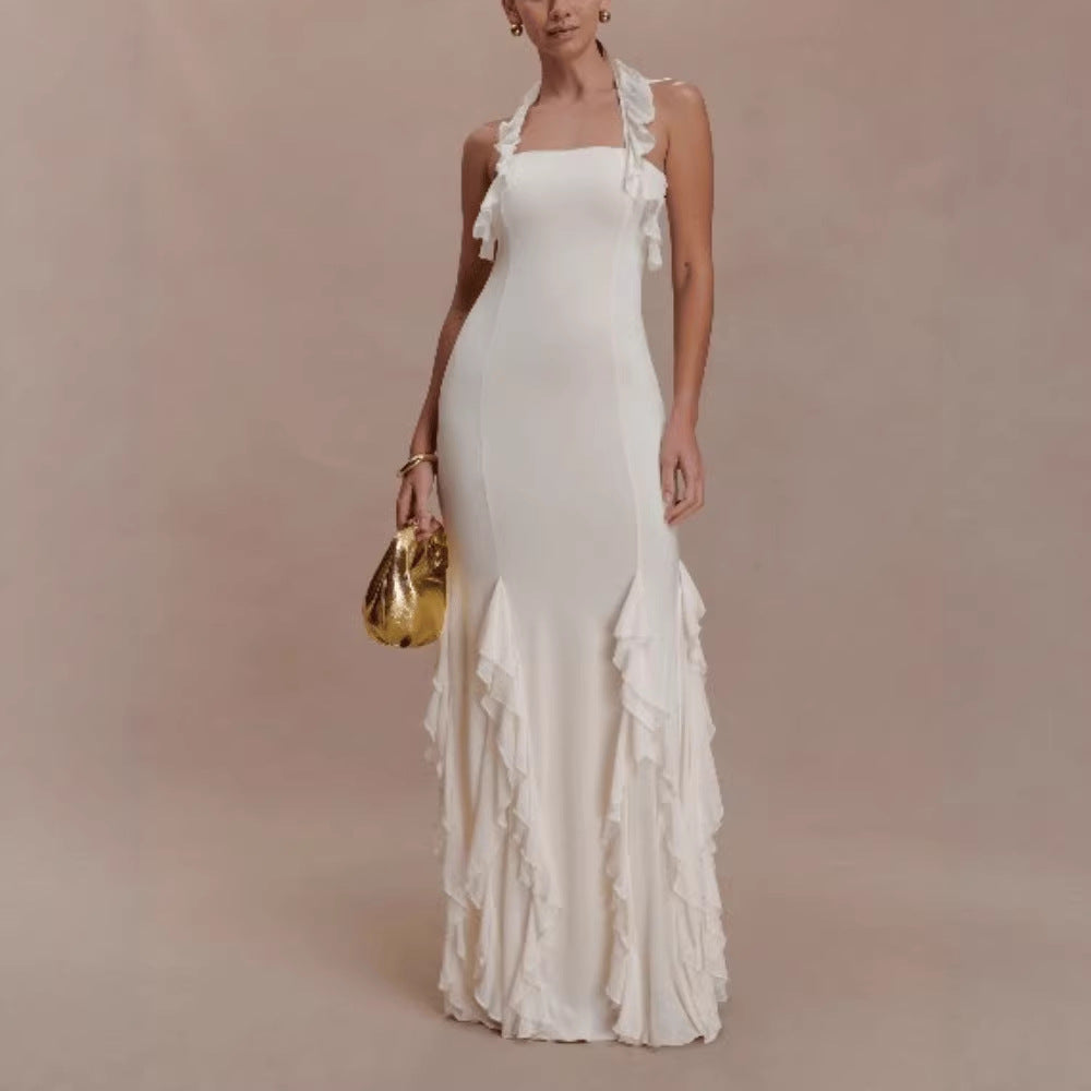 Fashionable Solid-Colored Halterneck Ruffled Sexy Backless Party Dress For Women