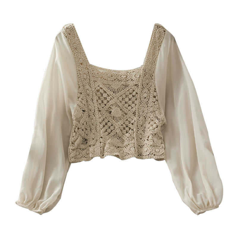 Women's Chiffon Panel Puff Long Sleeve Top
