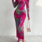 Printed Pleated Tight Split Square Collar Dress