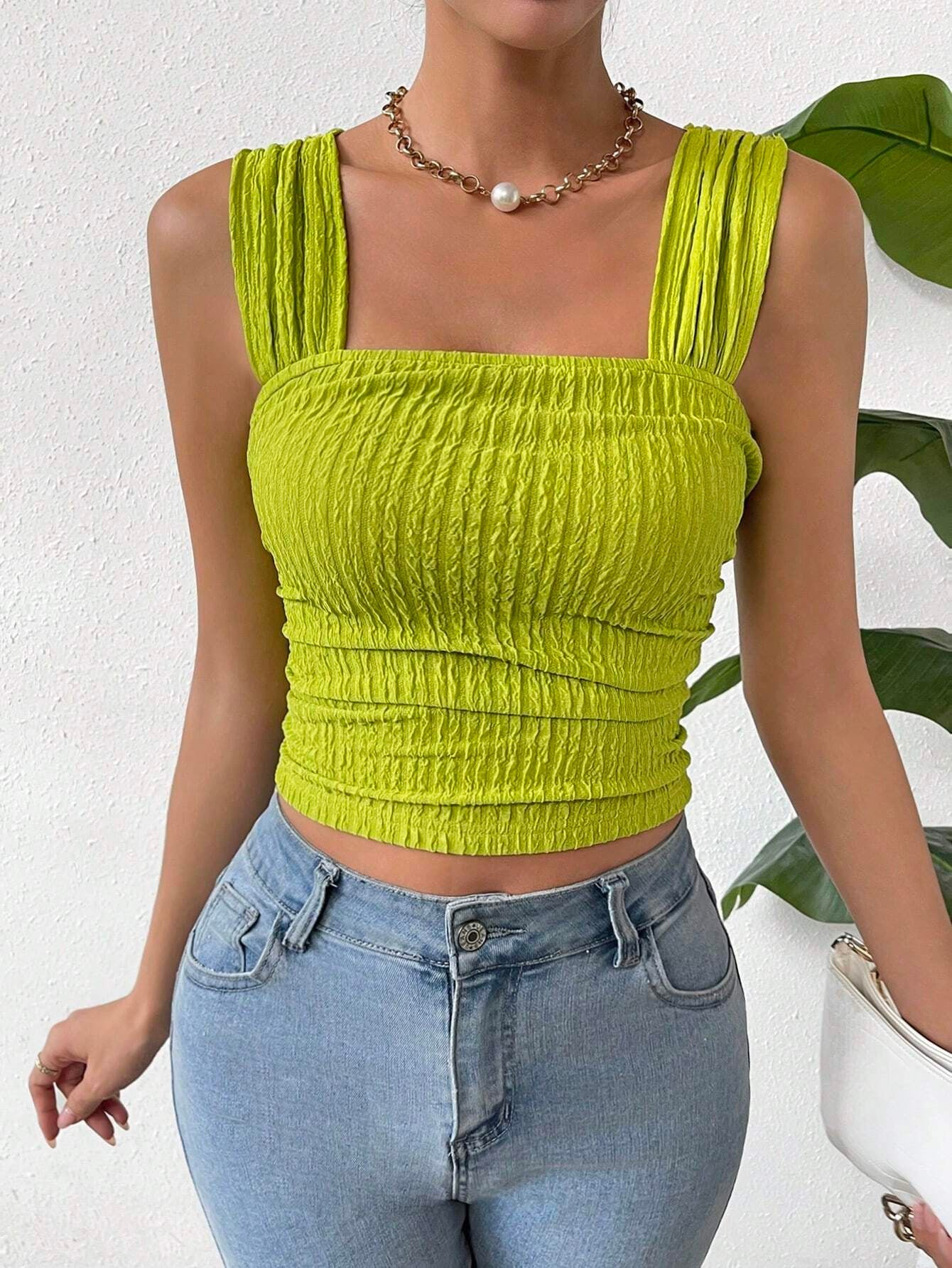 Fashion Sleeveless Midriff-baring Square Collar Shoulder Strap Vest Top