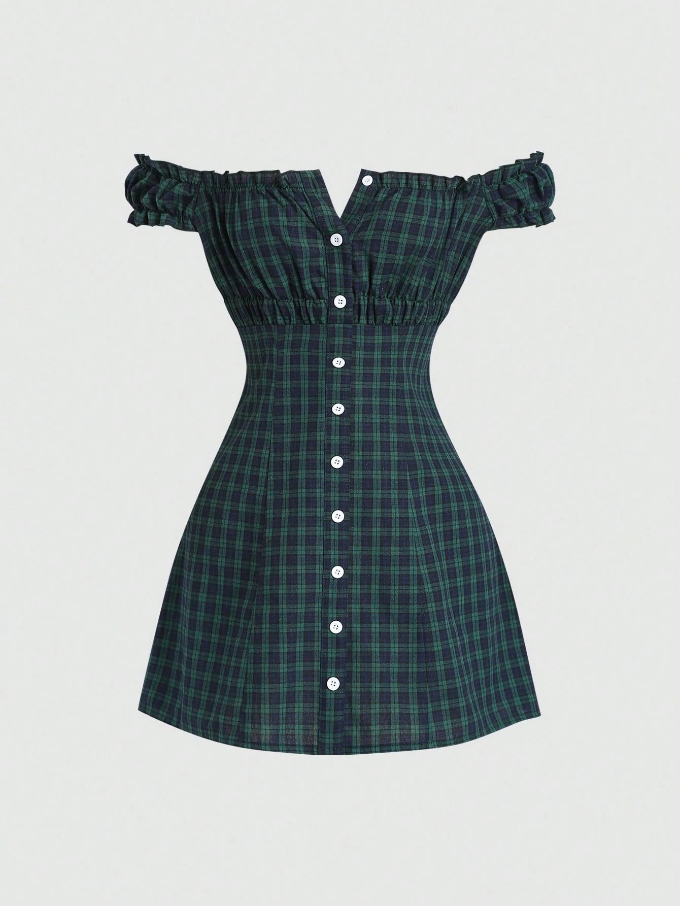 Women's New Arrival Plaid Printed Off-the-Shoulder Dress