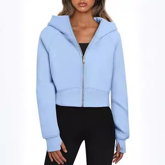 Sweat-shirt à capuche zippé décontracté en polaire, cardigan de sport tendance, hauts courts, vêtements pour femmes