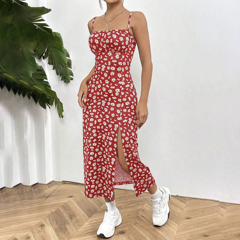 Spaghetti Straps Chest Wrap Slit Sheath Women's Dress