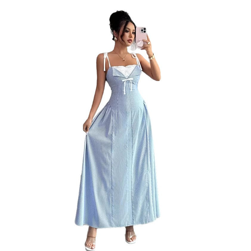 Womens Spliced Lace-trimmed Mock Two-piece Slip Dress