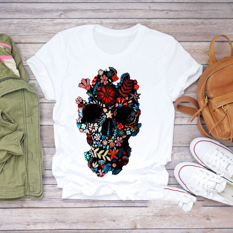 T-shirt personnalisé pour femme avec imprimé tête de mort, papillon et plante