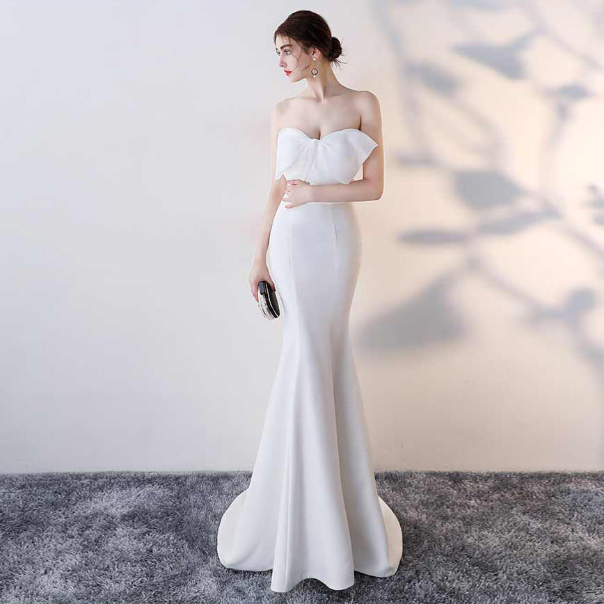 Female Solid Color Strapless Fish Tail Slimming Short Dress