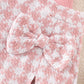 Girl's Long-sleeved Top With Plaid Bow Short Skirt Set
