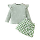 Girl's Long-sleeved Top With Plaid Bow Short Skirt Set
