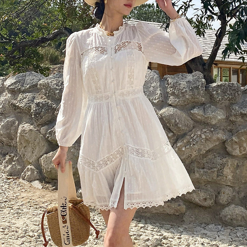 Robe blanche française à manches longues pour femme, style vacances