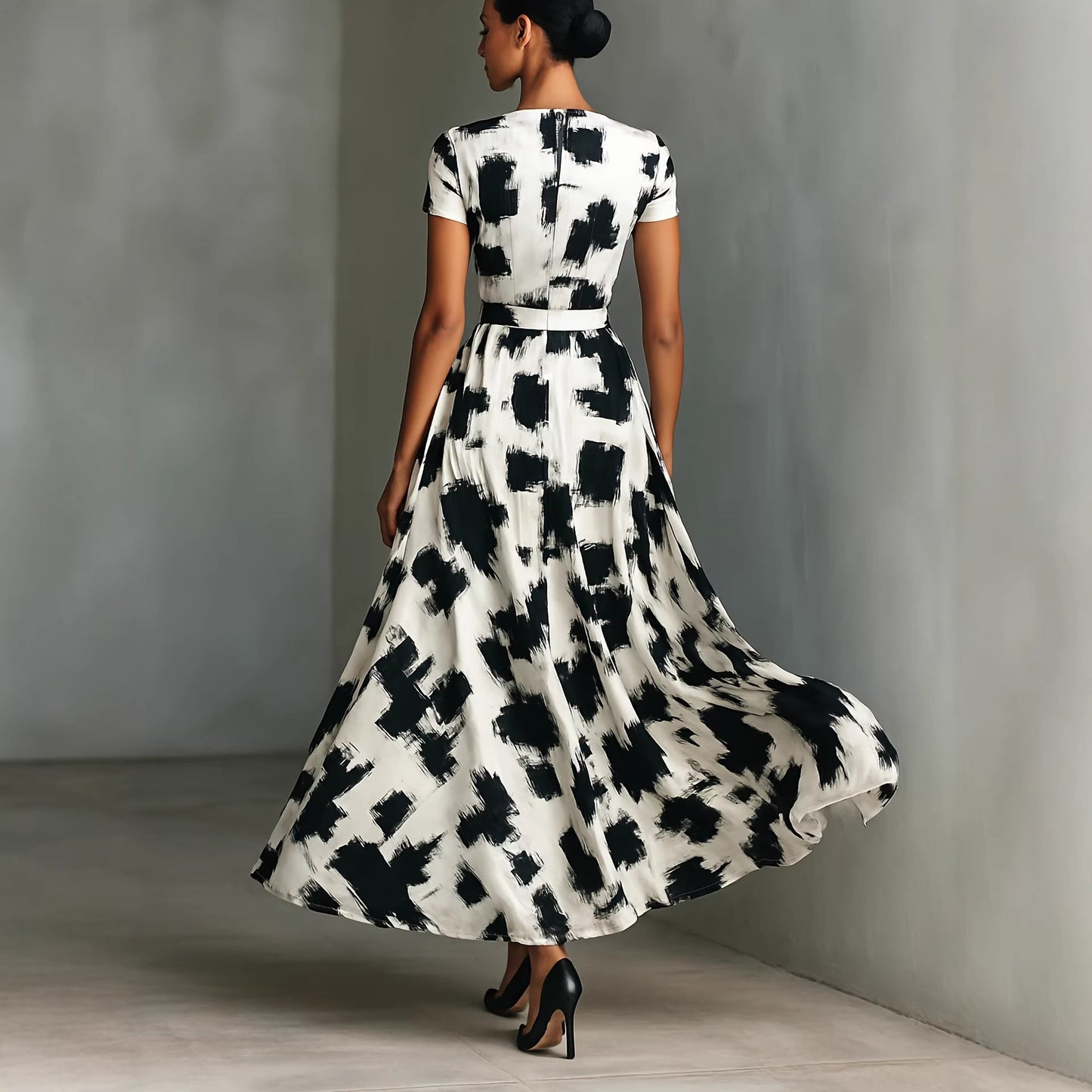 Modern Art-Style Black-and-White Abstract Print Dress