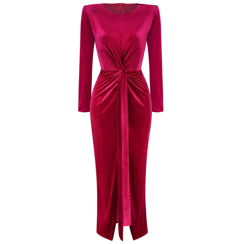 Robe plissée en velours Zou à col rond pour femme, robe moulante fendue