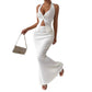 Women's Solid Color Twist Front Hanging On Neck Crop Top And Fishtail Midi Skirt