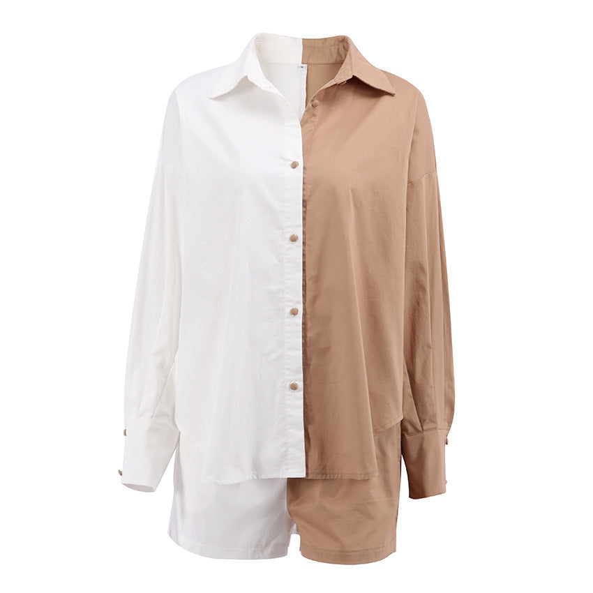 Contrast Color Long Sleeve Shirt Shorts Two-Piece Set