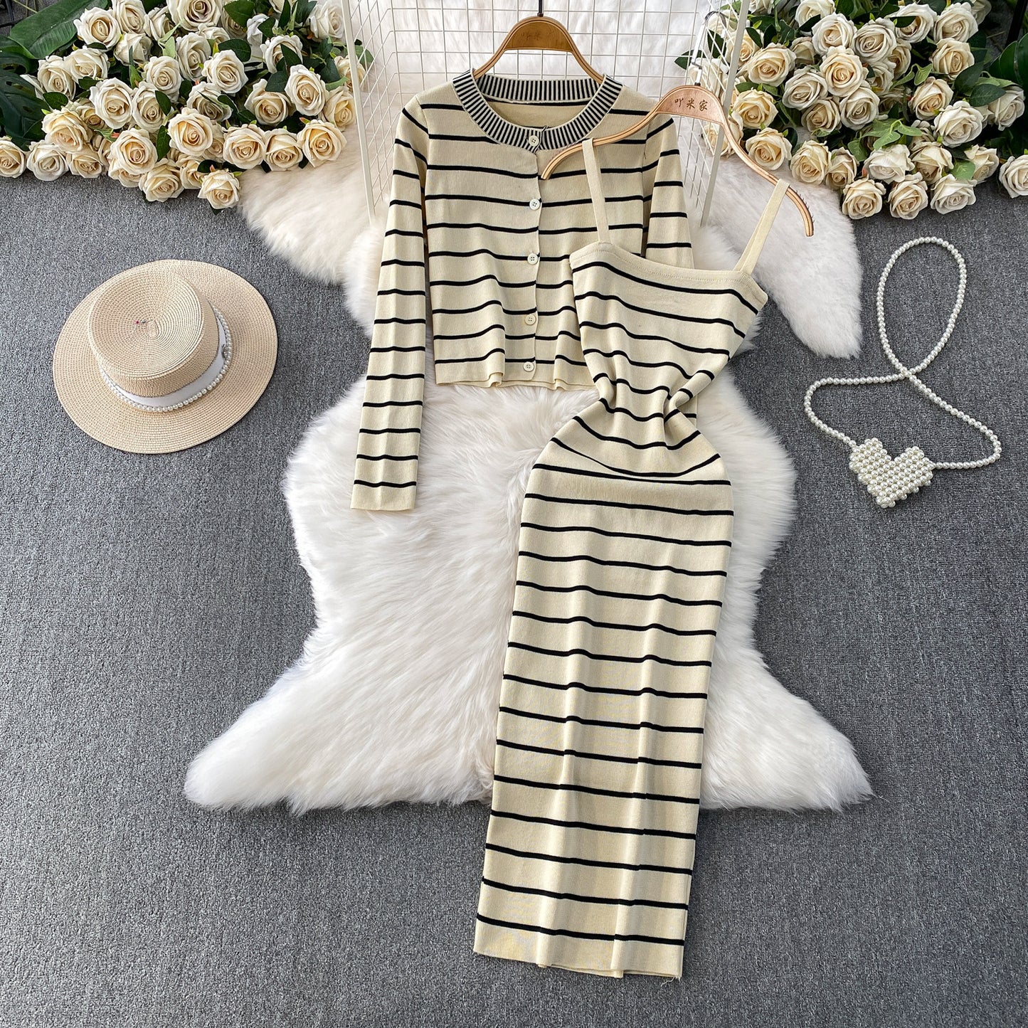 Elegant Striped Slip Dress And Knitted Cardigan Set
