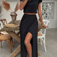 Women's Solid Color Round Neck Batwing Sleeve Crop Top And Side Split Skirt