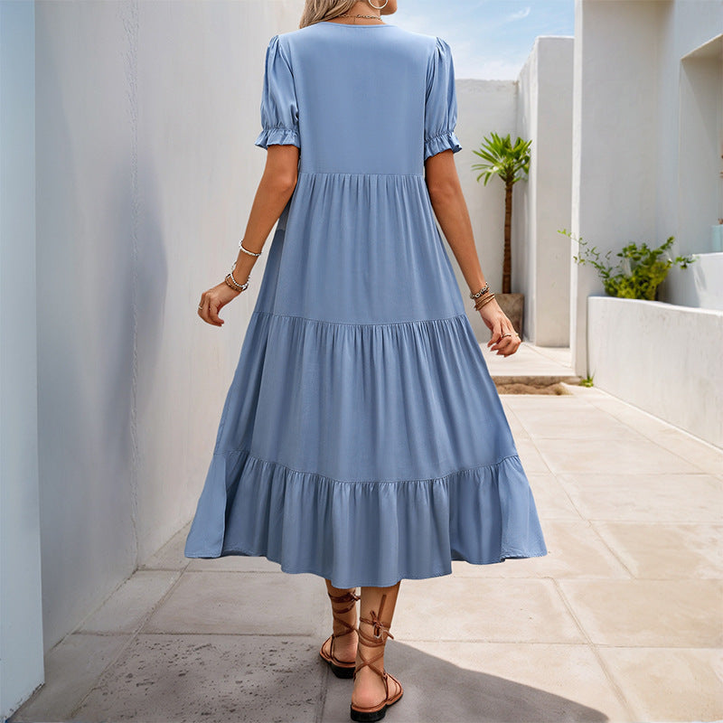 Robe mi-longue à col montant et coupe trapèze pour femme