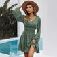 Robe à manches longues à imprimé pois, col en V, manches lanternes, taille plissée, coupe trapèze, vêtements pour femmes
