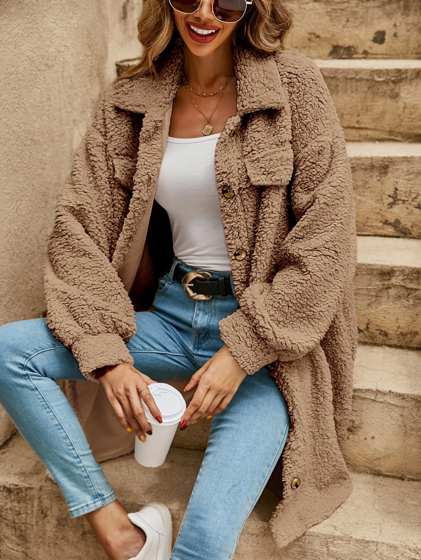 New European And American Winter Open Button Lapel Plush Coat Loose Long-cut Coat Women