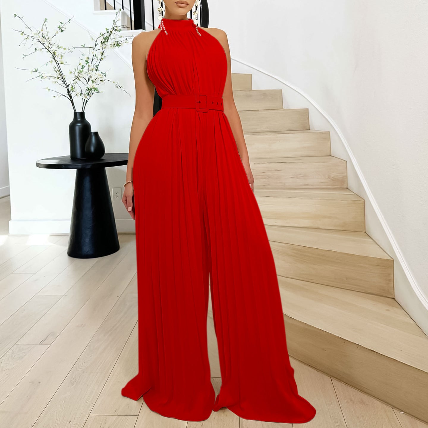 Solid Color Sleeveless Wide-leg Pleated Wide-leg Jumpsuit