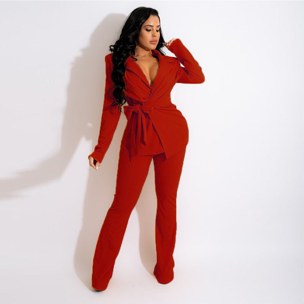 Ensemble deux pièces pour femme, couleur unie, col en V, tendance et professionnel