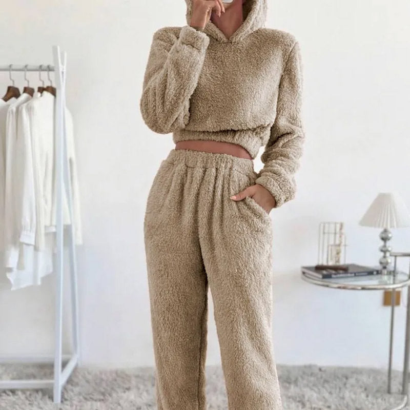 Autumn And Winter Women's Plush Hooded Long Sleeve Casual Suit