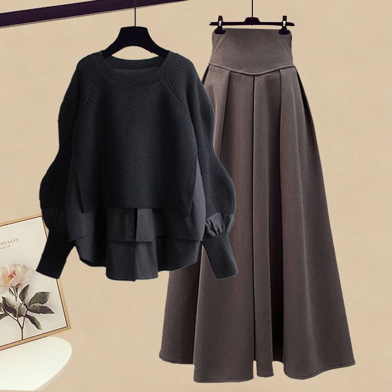 Women's Casual Fashion Fake Two-piece Top Slim Fit Skirt Two-piece Set