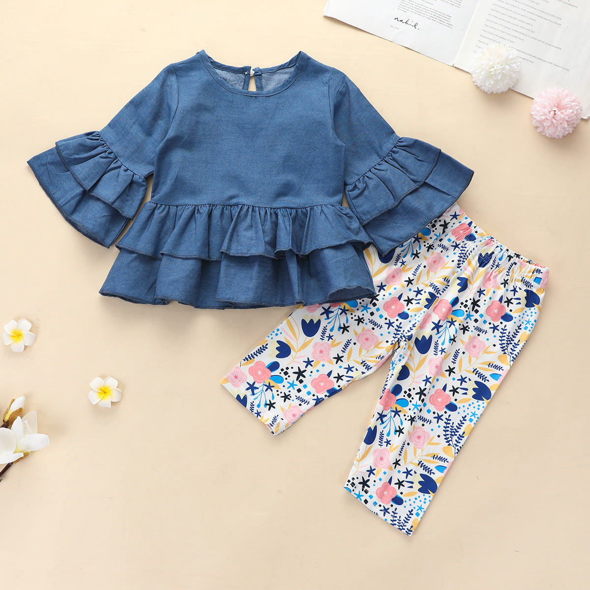 Girls Flare Sleeve Top Printed Trousers Blue