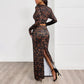 Round Neck Sheath Long Sleeve Leopard-print Slim-fit Split Suit