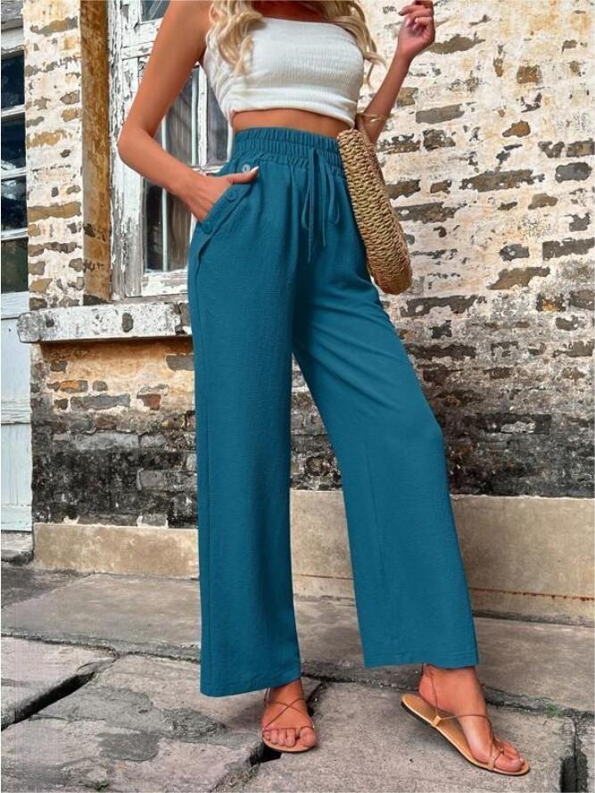 Pantalon décontracté avec poches et cordon élastique, taille haute, ample, pour femme