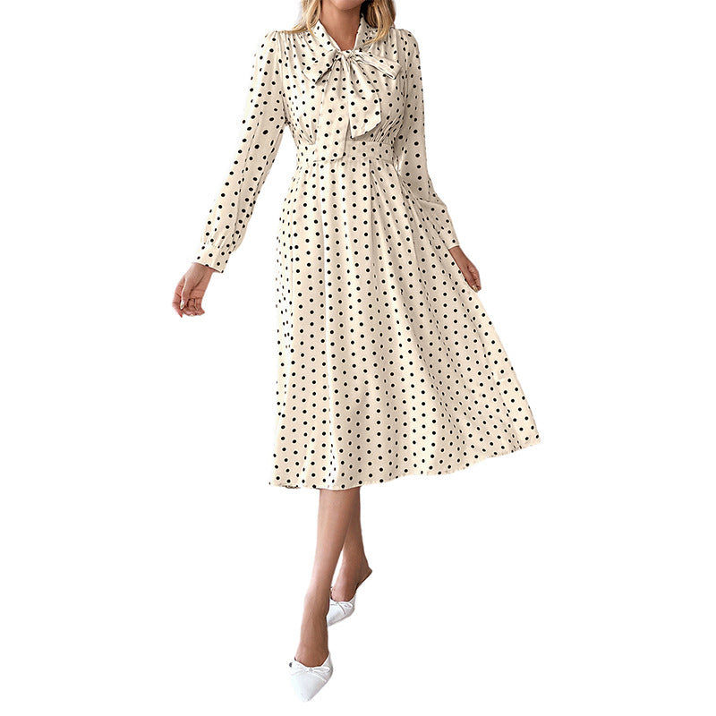 New Elegant Retro Style Bow Collar Long Sleeve Waist Dress
