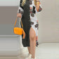 Printed Stitching Long-sleeved Lapel Cardigan Long Shirt Dress
