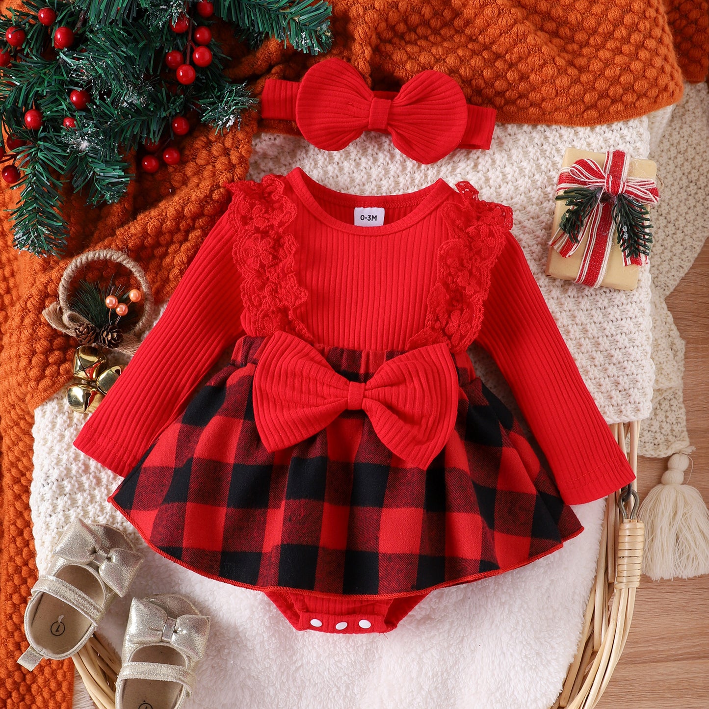 Ensemble de pyjama de Noël pour bébé fille, motif triangle à rayures et dentelle épissée
