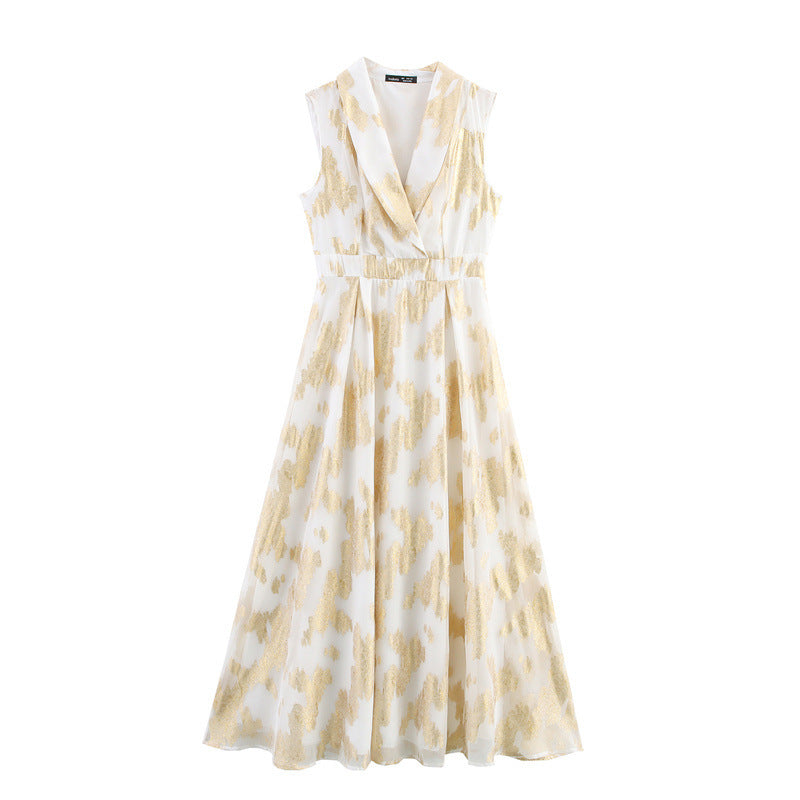 Fitted Waist Turn-down Collar Sleeveless Long Dress