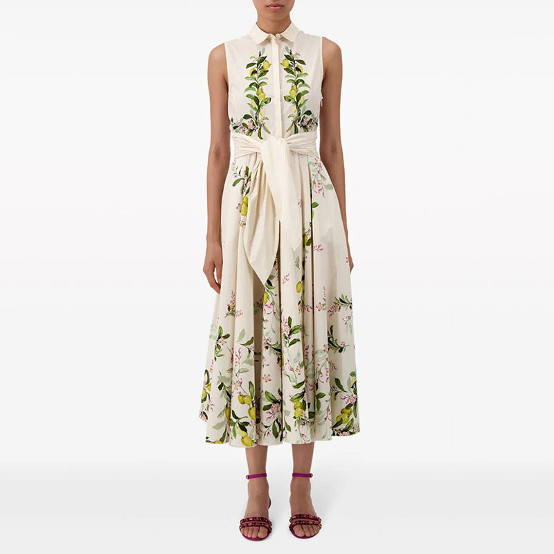 Robe rétro artistique sans manches à revers, imprimée, à lacets, taille ajustée, amincissante, pour femmes