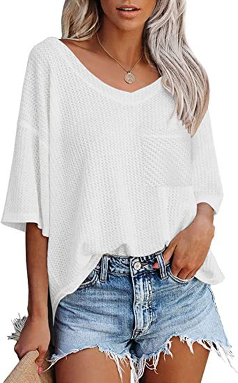 Women's Temperament Fashion V-neck Pocket Short-sleeved T-shirt