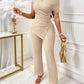 Neck Split Hem Ruched Top & Flare Leg Pants