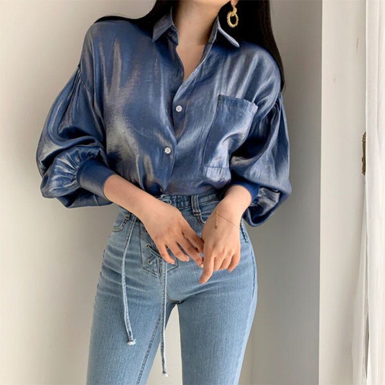 Lantern Sleeve Long Sleeve Shirt With Lapel Pocket