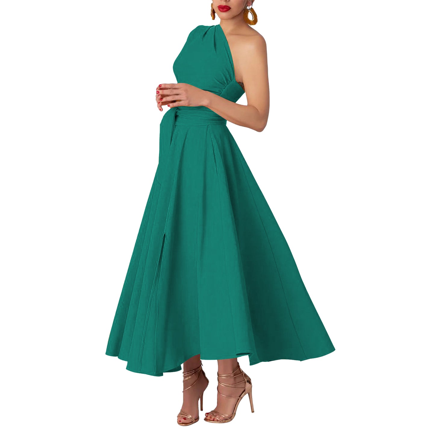 Womens Sleeveless Slash-Neck Solid Color Waist-Cinching Dress