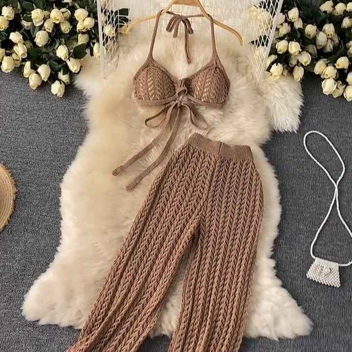 Ensemble deux pièces haut à lacets et pantalon large en tricot ajouré
