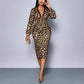 Womens Leopard-Print Long-Sleeve Mid-Length Split Dress